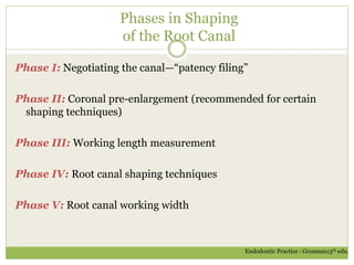 Phases in Shaping
of the Root Canal
Phase I: Negotiating the canal—“patency filing”
Phase II: Coronal pre-enlargement (recommended for certain
shaping techniques)
Phase III: Working length measurement
Phase IV: Root canal shaping techniques
Phase V: Root canal working width
Endodontic Practice : Grosman13th edn.
 