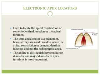 ELECTRONIC APEX LOCATORS
 Used to locate the apical constriction or
cementodentinal junction or the apical
foramen.
 The term apex locator is a misnomer,
because they are used t used to locate the
apical constriction or cementodentinal
junction and not the radiographic apex.
 The ability to distinguish between minor
diameter and major diameter of apical
terminus is most important.
 