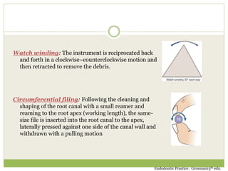 Watch winding: The instrument is reciprocated back
and forth in a clockwise–counterclockwise motion and
then retracted to remove the debris.
Circumferential filing: Following the cleaning and
shaping of the root canal with a small reamer and
reaming to the root apex (working length), the same-
size file is inserted into the root canal to the apex,
laterally pressed against one side of the canal wall and
withdrawn with a pulling motion
Endodontic Practice : Grosman13th edn.
 