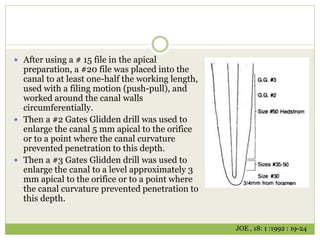  After using a # 15 file in the apical
preparation, a #20 file was placed into the
canal to at least one-half the working length,
used with a filing motion (push-pull), and
worked around the canal walls
circumferentially.
 Then a #2 Gates Glidden drill was used to
enlarge the canal 5 mm apical to the orifice
or to a point where the canal curvature
prevented penetration to this depth.
 Then a #3 Gates Glidden drill was used to
enlarge the canal to a level approximately 3
mm apical to the orifice or to a point where
the canal curvature prevented penetration to
this depth.
JOE , 18: 1 :1992 : 19-24
 