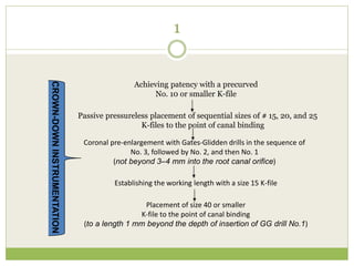 1
Achieving patency with a precurved
No. 10 or smaller K-file
Passive pressureless placement of sequential sizes of # 15, 20, and 25
K-files to the point of canal binding
Coronal pre-enlargement with Gates-Glidden drills in the sequence of
No. 3, followed by No. 2, and then No. 1
(not beyond 3–4 mm into the root canal orifice)
Establishing the working length with a size 15 K-file
Placement of size 40 or smaller
K-file to the point of canal binding
(to a length 1 mm beyond the depth of insertion of GG drill No.1)
CROWN-DOWNINSTRUMENTATION
 