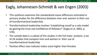 Saudi Board of Preventive Medicine, Riyadh Ministry of Health, KSA Lecture 08/10
Dr. S. A. Rizwan, M.D.Demystifying statistics series: Meta-analysis course
Eagly, Johannesen-Schmidt & van Engen (2003)
• This synthesis examines the standardized mean difference estimated in
primary studies for the difference between men and women in their use
of transformational leadership.
• Transformational leadership involves “establishing onself as a role model
by gaining the trust and confidence of followers” (Eagly et al. 2003, p.
570).
• The sample data is a subset of the studies in the full meta- analysis, a set
of 24 studies that compare men and women in their use of
transformational leadership
• Positive effect sizes indicate males score higher than females
26.11.2019 10
 