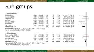 Saudi Board of Preventive Medicine, Riyadh Ministry of Health, KSA Lecture 08/10
Dr. S. A. Rizwan, M.D.Demystifying statistics series: Meta-analysis course
Sub-groups
26.11.2019 13
 