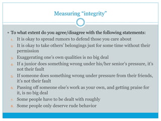 Measuring “integrity”
 To what extent do you agree/disagree with the following statements:
1. It is okay to spread rumors to defend those you care about
2. It is okay to take others’ belongings just for some time without their
permission
3. Exaggerating one’s own qualities is no big deal
4. If a junior does something wrong under his/her senior’s pressure, it’s
not their fault
5. If someone does something wrong under pressure from their friends,
it’s not their fault
6. Passing off someone else’s work as your own, and getting praise for
it, is no big deal
7. Some people have to be dealt with roughly
8. Some people only deserve rude behavior
 