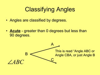 Classifying Angles Angles are classified by degrees. Acute  - greater than 0 degrees but less than 90 degrees. C A B This is read “Angle ABC or Angle CBA, or just Angle B 