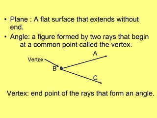 Plane : A flat surface that extends without  end. Angle: a figure formed by two rays that begin  at a common point called the vertex. Vertex Vertex: end point of the rays that form an angle. C A B 