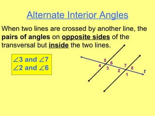Alternate Interior Angles  3 and   7  2 and   6 1 2 3 4 5 6 7 8 t When two lines are crossed by another line, the  pairs of angles  on  opposite sides  of the transversal but  inside  the two lines. 
