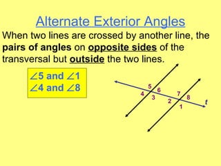 Alternate Exterior Angles  5 and   1  4 and   8 1 2 3 4 5 6 7 8 t When two lines are crossed by another line, the  pairs of angles  on  opposite sides  of the transversal but  outside   the two lines.  