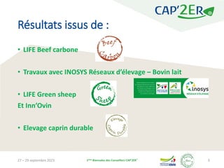 Résultats issus de :
• LIFE Beef carbone
• Travaux avec INOSYS Réseaux d’élevage – Bovin lait
• LIFE Green sheep
Et Inn’Ov...