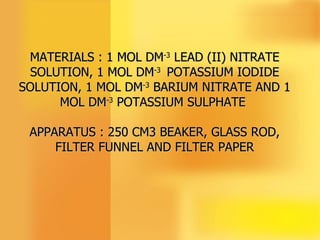 MATERIALS : 1 MOL DM -3  LEAD (II) NITRATE SOLUTION, 1 MOL DM -3  POTASSIUM IODIDE SOLUTION, 1 MOL DM -3  BARIUM NITRATE AND 1 MOL DM -3  POTASSIUM SULPHATE  APPARATUS : 250 CM3 BEAKER, GLASS ROD, FILTER FUNNEL AND FILTER PAPER 
