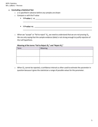 AP/H Statistics
Mrs. LeBlanc – Perrone

       Concluding a Statistical Test
          o     is specified in advance before any samples are drawn
          o Compare with the P-value
                        If P-value  , ___________________________________________________________
                         ________________________________________________________________________

                        If P-value > , ____________________________________________________________
                         ________________________________________________________________________

           o When we “accept” or “fail to reject” , we need to understand that we are not proving .
             We are only saying that the sample evidence (data) is not strong enough to justify rejection of
             the null hypothesis.

               Meaning of the terms “Fail to Reject ” and “Reject       ”
               Term                         Meaning




           o When     cannot be rejected, a confidence interval us often used to estimate the parameter in
             question because it gives the statistician a range of possible values for the parameter.




                                                                                                               5
 