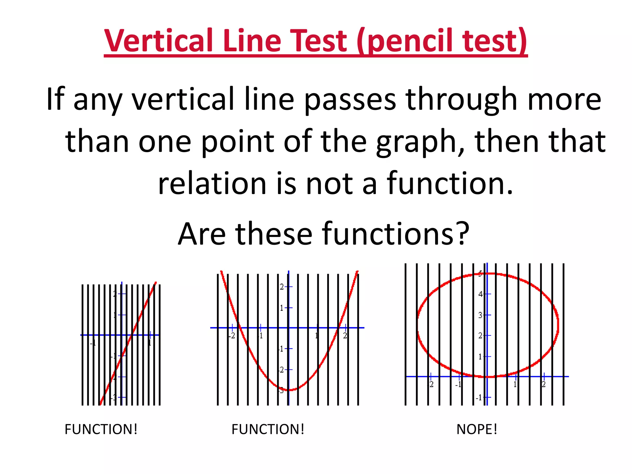 Vertical Line Test (pencil test)
If any vertical line passes through more
  than one point of the graph, then that
         relation is not a function.
          Are these functions?




 FUNCTION!    FUNCTION!        NOPE!
 