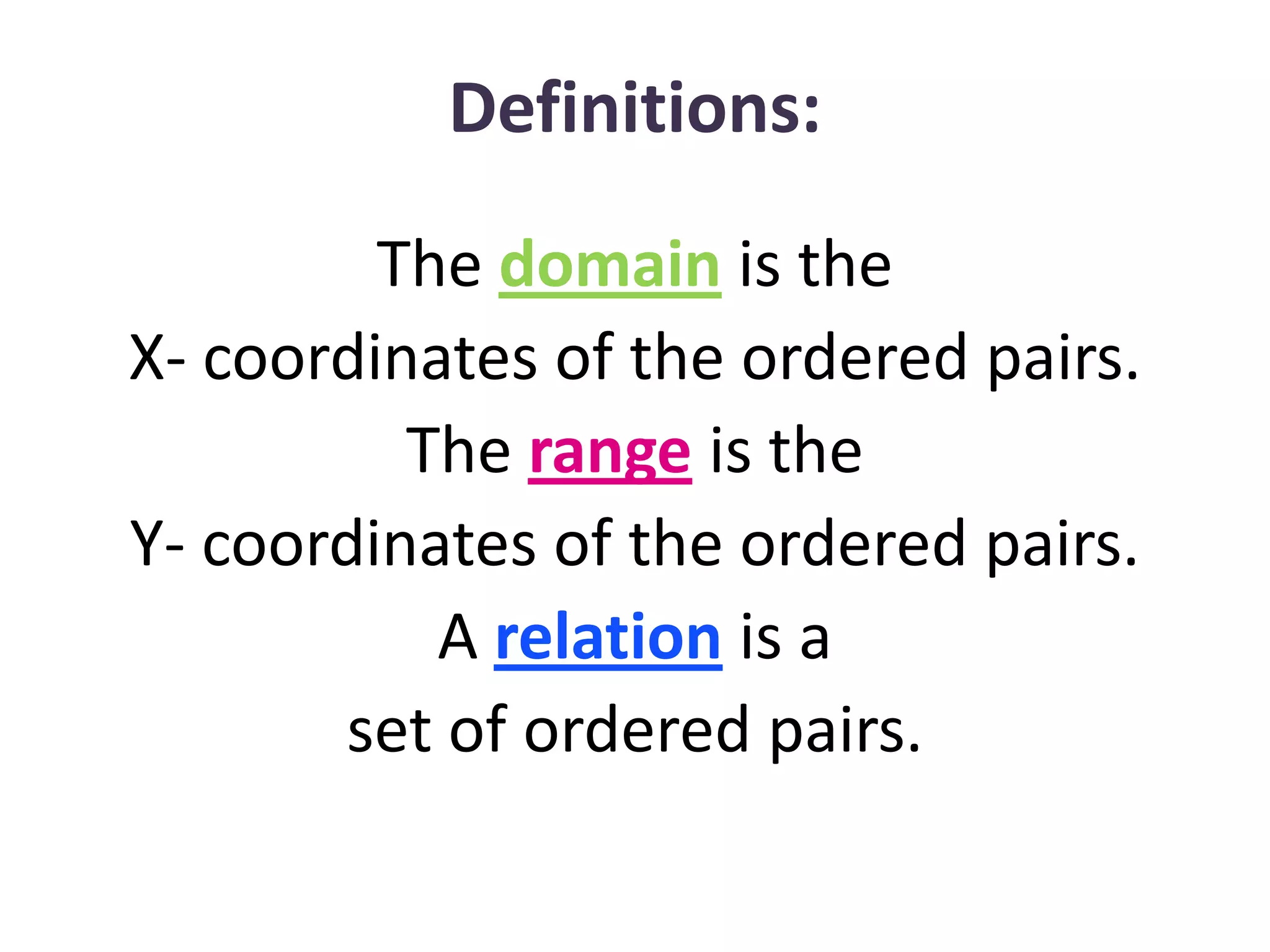 Definitions:
         The domain is the
X- coordinates of the ordered pairs.
          The range is the
Y- coordinates of the ordered pairs.
           A relation is a
       set of ordered pairs.
 