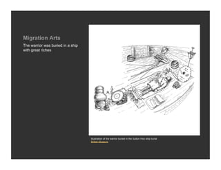 Migration Arts
The warrior was buried in a ship
with great riches




                                   Illustration of the warrior buried in the Sutton Hoo ship burial
                                   British Museum
 