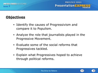 125

Section
Chapter

Section

1

Objectives
•

Identify the causes of Progressivism and
compare it to Populism.

•

Analyze the role that journalists played in the
Progressive Movement.

•

Evaluate some of the social reforms that
Progressives tackled.

•

Explain what Progressives hoped to achieve
through political reforms.

The Cold War Drive for Reform
The Begins

 