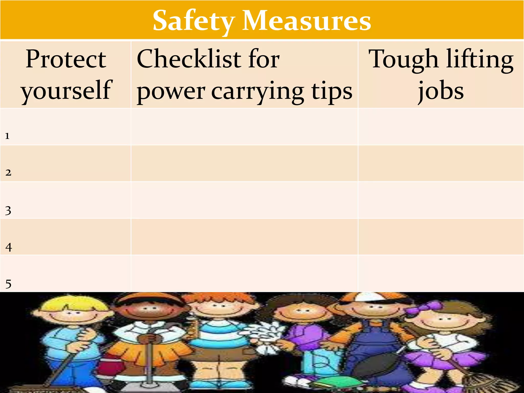Safety Measures
Protect
yourself
Checklist for
power carrying tips
Tough lifting
jobs
1
2
3
4
5
 