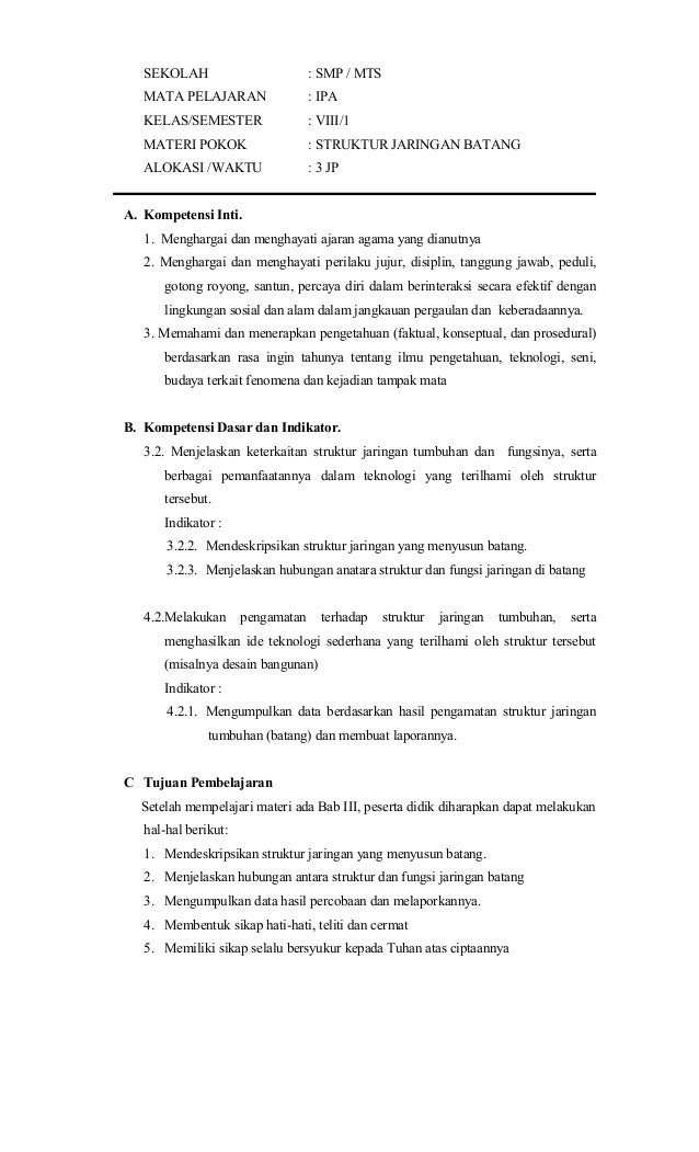 Rpp Lks Penilaian Struktur Jaringan Batang