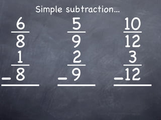 Simple subtraction...
  6          5            10
  8          9             12
  1          2             3
- 8        - 9           - 12
 