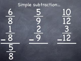 Simple subtraction...
  6          5            10
  8          9             12
  1          2             3
- 8        - 9           - 12
  5
  8
 