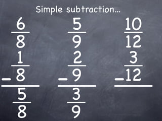 Simple subtraction...
  6          5            10
  8          9             12
  1          2             3
- 8        - 9           - 12
  5          3
  8          9
 