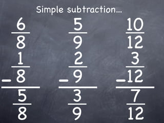 Simple subtraction...
  6          5            10
  8          9             12
  1          2             3
- 8        - 9           - 12
  5          3              7
  8          9             12
 