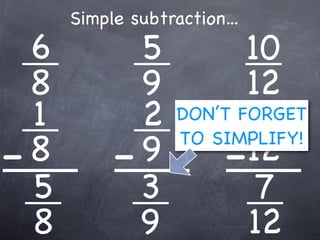 Simple subtraction...
  6          5            10
  8          9            12
  1          2            3
                   DON’T FORGET

- 8        - 9         -  12
                   TO SIMPLIFY!

  5          3             7
  8          9            12
 