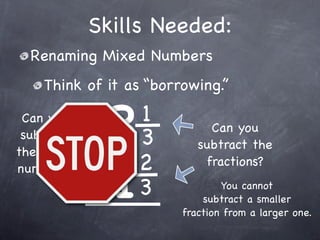 Skills Needed:
  Renaming Mixed Numbers
    Think of it as “borrowing.”

 Can you
 subtract
             3   1
                 3
                             Can you




            -1
                           subtract the
the whole
numbers?         2          fractions?

                 3              You cannot
                            subtract a smaller
                        fraction from a larger one.
 