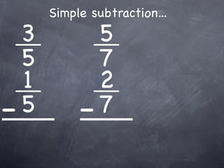 Simple subtraction...
  3          5
  5          7
  1          2
- 5        - 7
 