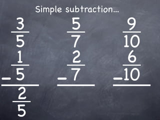 Simple subtraction...
  3          5             9
  5          7            10
  1          2             6
- 5        - 7           -10
  2
  5
 