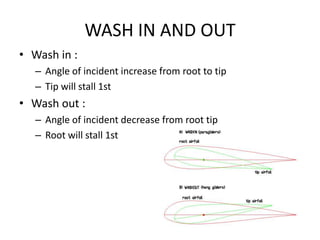 WASH IN AND OUT
• Wash in :
   – Angle of incident increase from root to tip
   – Tip will stall 1st
• Wash out :
   – Angle of incident decrease from root tip
   – Root will stall 1st
 