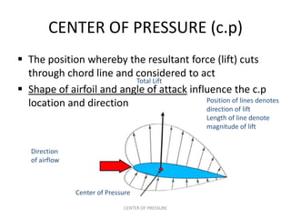 CENTER OF PRESSURE (c.p)
 The position whereby the resultant force (lift) cuts
  through chord line and considered to act
                          Total Lift
 Shape of airfoil and angle of attack influence the c.p
                                           Position of lines denotes
  location and direction                   direction of lift
                                                    Length of line denote
                                                    magnitude of lift


   Direction
   of airflow



                Center of Pressure

                               CENTER OF PRESSURE
 