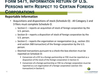 FORM 5471, INFORMATION RETURN OF U.S.
PERSONS WITH RESPECT TO CERTAIN FOREIGN
CORPORATIONS
Reportable Information
• Acquisitions and dispositions of stock (Schedule O) - All Category 2 and
3 filers must complete Schedule O.
o Section C – reports an acquisition of stock of foreign corporation by the
U.S. person.
o Section D – reports a disposition of stock of foreign corporation by the
U.S. person.
o Section E – reports the organization or reorganization (e.g., section 351
and section 368 transaction) of the foreign corporation by the U.S.
person.
o Deemed transactions pursuant to a check-the-box election must be
reported on Schedule O:
 Conversion of a CFC to a foreign partnership or FDE must be reported as a
disposition of the stock of the foreign corporation in Section D.
 Conversion of a foreign partnership or FDE to a foreign corporation must be
reported as a an organization of a foreign corporation (section 351
transaction) in Section E.
42
 