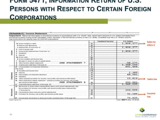 FORM 5471, INFORMATION RETURN OF U.S.
PERSONS WITH RESPECT TO CERTAIN FOREIGN
CORPORATIONS
49
Sales to
USCo 2
Sales tax
Income
tax
 
