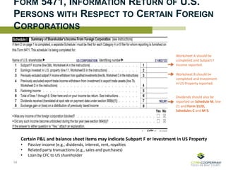 FORM 5471, INFORMATION RETURN OF U.S.
PERSONS WITH RESPECT TO CERTAIN FOREIGN
CORPORATIONS
54
Dividends should also be
reported on Schedule M, line
21 and Form 1120,
Schedules C and M-3.
Worksheet A should be
completed and Subpart F
income reported.
Worksheet B should be
completed and Investment
in US Property reported.
Certain P&L and balance sheet items may indicate Subpart F or Investment in US Property
• Passive income (e.g., dividends, interest, rent, royalties
• Related party transactions (e.g., sales and purchases)
• Loan by CFC to US shareholder
 