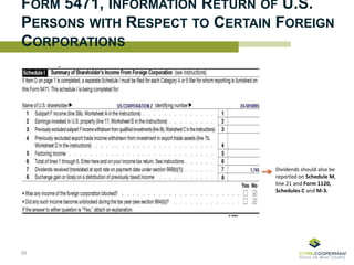 FORM 5471, INFORMATION RETURN OF U.S.
PERSONS WITH RESPECT TO CERTAIN FOREIGN
CORPORATIONS
55
Dividends should also be
reported on Schedule M,
line 21 and Form 1120,
Schedules C and M-3.
 