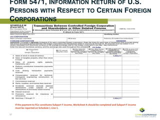 FORM 5471, INFORMATION RETURN OF U.S.
PERSONS WITH RESPECT TO CERTAIN FOREIGN
CORPORATIONS
57
If the payment to FCo constitutes Subpart F income, Worksheet A should be completed and Subpart F income
must be reported on Schedule I, Line 1.
 