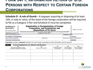 FORM 5471, INFORMATION RETURN OF U.S.
PERSONS WITH RESPECT TO CERTAIN FOREIGN
CORPORATIONS
Schedule O - A rule of thumb – A taxpayer acquiring or disposing of at least
10%, in vote or value, of the stock of the foreign corporation will be required
to file as a Category 3 filer and Schedule O must be completed.
60
 