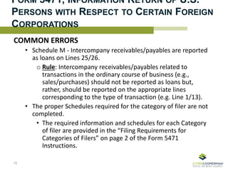FORM 5471, INFORMATION RETURN OF U.S.
PERSONS WITH RESPECT TO CERTAIN FOREIGN
CORPORATIONS
COMMON ERRORS
• Schedule M - Intercompany receivables/payables are reported
as loans on Lines 25/26.
o Rule: Intercompany receivables/payables related to
transactions in the ordinary course of business (e.g.,
sales/purchases) should not be reported as loans but,
rather, should be reported on the appropriate lines
corresponding to the type of transaction (e.g. Line 1/13).
• The proper Schedules required for the category of filer are not
completed.
• The required information and schedules for each Category
of filer are provided in the “Filing Requirements for
Categories of Filers” on page 2 of the Form 5471
Instructions.
70
 