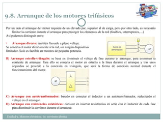 9.8. Arranque de los motores trifásicos Unidad 9. Motores eléctricos  de  corriente alterna  Por un lado el arranque del motor requiere de un elevado par, superior al de carga, pero por otro lado, es necesario limitar la corriente durante el arranque para proteger los elementos de la red (fusibles, interruptores,…) Así podemos distinguir entre: Arranque directo:  también llamado a pleno voltaje.  Se conecta el motor directamente a la red, sin ningún dispositivo  limitador. Solo es factible en motores de pequeña potencia. B) Arranque estrella-triángulo:  se basa en disminuir el voltaje de fase durante el arranque, para disminuir la corriente de arranque. Para ello se conecta el motor en estrella a la línea durante el arranque y tras unos segundos se procede a la conexión en triángulo, que será la forma de conexión normal durante el funcionamiento del motor. C) Arranque con autotransformador:  basado en conectar el inductor a un autotransformador, reduciendo el voltaje en el arranque. D) Arranque con resistencias estatóricas:  consiste en insertar resistencias en serie con el inductor de cada fase para disminuir la corriente durante el arranque. 