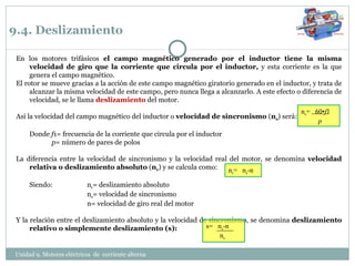 9.4. Deslizamiento En los motores trifásicos  el campo magnético generado por el inductor tiene la misma velocidad de giro que la corriente que circula por el inductor,  y esta corriente es la que genera el campo magnético. El rotor se mueve gracias a la acción de este campo magnético giratorio generado en el inductor, y trata de alcanzar la misma velocidad de este campo, pero nunca llega a alcanzarlo. A este efecto o diferencia de velocidad, se le llama  deslizamiento  del motor. Así la velocidad del campo magnético del inductor o  velocidad de sincronismo  ( n s ) será: Donde  f 1= frecuencia de la corriente que circula por el inductor p = número de pares de polos La diferencia entre la velocidad de sincronismo y la velocidad real del motor, se denomina  velocidad relativa o deslizamiento absoluto  ( n r ) y se calcula como:  Siendo:  n r = deslizamiento absoluto n s = velocidad de sincronismo n= velocidad de giro real del motor Y la relación entre el deslizamiento absoluto y la velocidad de sincronismo, se denomina  deslizamiento relativo o simplemente deslizamiento (s):  n r =  n s -n Unidad 9. Motores eléctricos  de  corriente alterna  n s =  60• f 1 p s=  n s -n n s 