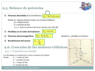 9.5. Balance de potencias Potencia absorbida  de la red eléctrica: Donde  m= número de fases (valor 3 en el motor trifásico) U f = voltaje de fase I f = corriente de fase   cos  φ =  factor de potencia del motor (desfase entre  Uf  y  If )   Pérdidas en el cobre del inductor: Potencia electromagnética: Siendo P Fe = pérdidas en el hierro Rendimiento del motor : P ab =  m•  U f • I f • cos  φ P cu =  m • I 2 • R P em =  P ab - P cu -P Fe 9.6. Conexión de los motores trifásicos 9.5. 1. Conexión en estrella Los devanados se conectan tal y como se muestra en la figura Donde:  U L  = voltaje de línea I L  = corriente de línea U f  = voltaje de fase I f = corriente de fase Unidad 9. Motores eléctricos  de  corriente alterna  η=  P u P ab 
