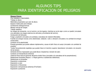 ARP SURA
ALGUNOS TIPS
PARA IDENTIFICACION DE PELIGROS
Riesgos Físicos
Piso resbaloso o desnivelado;
Trabajo en altura;
Materiales proyectados que caen de altura;
Espacio inadecuado para trabajar;
Condiciones antiergonomicas
Manejo manual de Cargas:
Trabajo repetitivo;
los riesgos de transporte, o en el camino o en los lugares, mientras se va de viaje o como un peatón (vinculado
a la velocidad y los rasgos externos de vehículos y el ambiente del camino);
Conducción de Vehiculos
Fuego y explosión (vinculado a la cantidad y naturaleza de material inflamable);
Fuentes de energía nocivas como electricidad, radiación, ruido o vibración (vinculado a la cantidad de energía
involucrada);
Contacto con la electricidad
Energía guardada que puede soltarse rápidamente y causa el daño físico al cuerpo (vinculado a la cantidad de
energía);
Tareas frecuentemente repetidas que pueden llevar al miembro superior desordenan (vinculado a la duración
de las tareas);
Ambiente térmico inapropiado que puede llevar a hipotermia o tensión de calor;
Contacto con temperaturas extremas
Violencia física hacia el personal, llevando al daño físico (vinculado a la naturaleza de los perpetradores);
Radiaciones Ionizantes (Rayos x - o Rayos gamma o substancias radiactivas);
Radiaciones no Ionizantes.
Exposición a radiaciones
Exposición a ruido
Exposición a Vibraciones
Exposición a temperaturas extremas (Frio/Calor)
Exposición a presiones
 