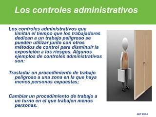 ARP SURA
Los controles administrativos
Los controles administrativos que
limitan el tiempo que los trabajadores
dedican a un trabajo peligroso se
pueden utilizar junto con otros
métodos de control para disminuir la
exposición a los riesgos. Algunos
ejemplos de controles administrativos
son:
Trasladar un procedimiento de trabajo
peligroso a una zona en la que haya
menos personas expuestas;
Cambiar un procedimiento de trabajo a
un turno en el que trabajen menos
personas.
 