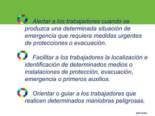 ARP SURA
Alertar a los trabajadores cuando se
produzca una determinada situación de
emergencia que requiera medidas urgentes
de protecciones o evacuación.
Facilitar a los trabajadores la localización e
identificación de determinados medios o
instalaciones de protección, evacuación,
emergencia o primeros auxilios.
Orientar o guiar a los trabajadores que
realicen determinados maniobras peligrosas.
 