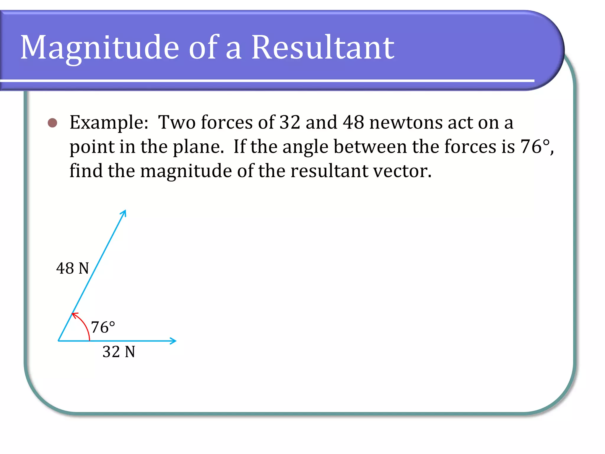 Magnitude of a Resultant
 Example: Two forces of 32 and 48 newtons act on a
point in the plane. If the angle between the forces is 76°,
find the magnitude of the resultant vector.
32 N
48 N
76°
 