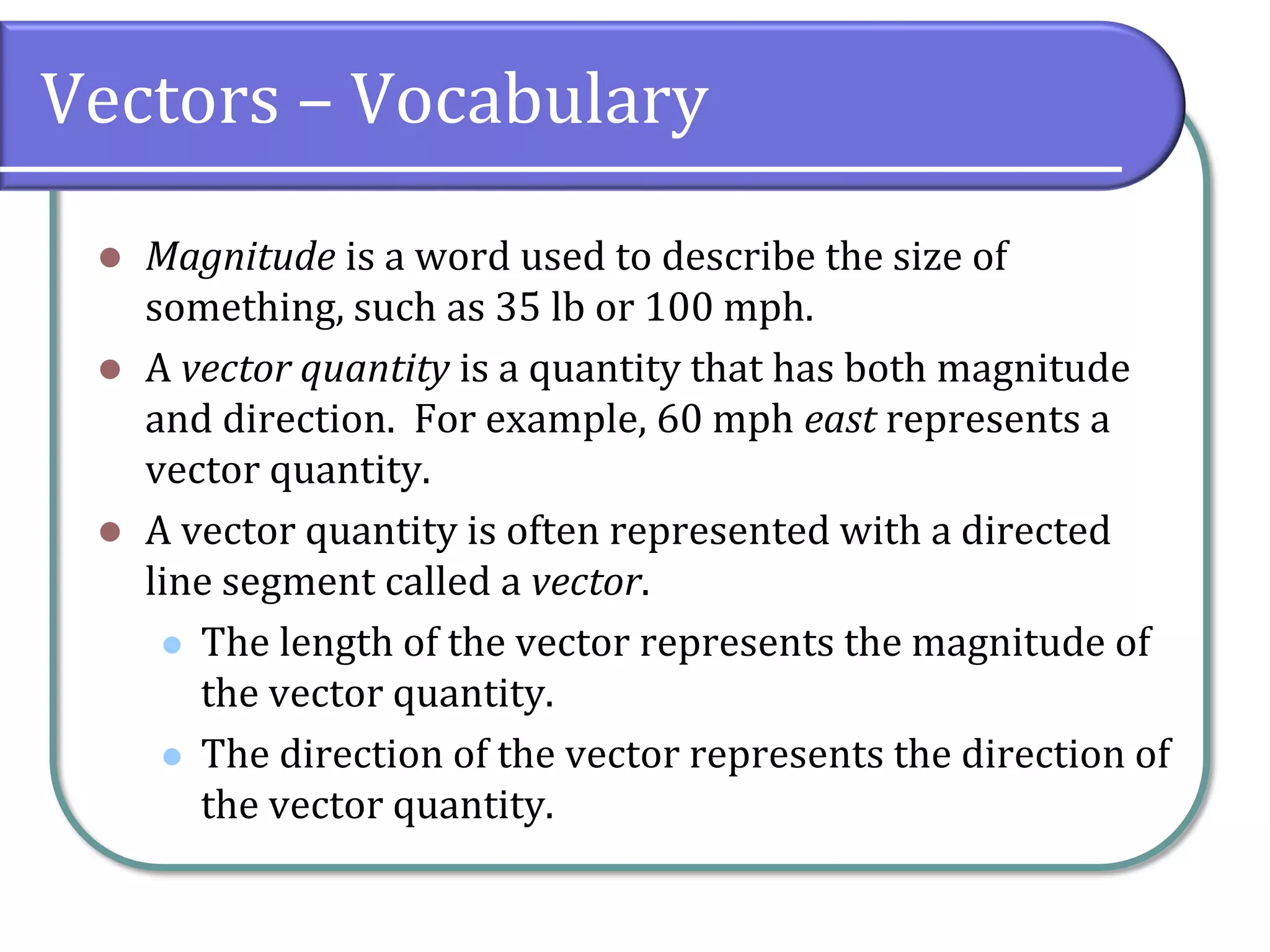 Vectors – Vocabulary
 Magnitude is a word used to describe the size of
something, such as 35 lb or 100 mph.
 A vector quantity is a quantity that has both magnitude
and direction. For example, 60 mph east represents a
vector quantity.
 A vector quantity is often represented with a directed
line segment called a vector.
 The length of the vector represents the magnitude of
the vector quantity.
 The direction of the vector represents the direction of
the vector quantity.
 
