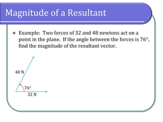 Magnitude of a Resultant
 Example: Two forces of 32 and 48 newtons act on a
point in the plane. If the angle between the forces is 76°,
find the magnitude of the resultant vector.
32 N
48 N
76°
 