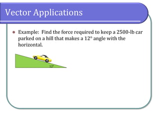 Vector Applications
 Example: Find the force required to keep a 2500-lb car
parked on a hill that makes a 12° angle with the
horizontal.
12°
 