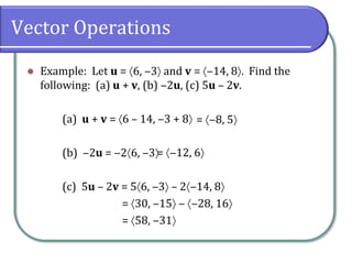 Vector Operations
 Example: Let u = 6, ‒3 and v = ‒14, 8. Find the
following: (a) u + v, (b) ‒2u, (c) 5u – 2v.
(a) u + v = 6 – 14, ‒3 + 8
(b) ‒2u = ‒26, ‒3
(c) 5u – 2v = 56, ‒3 – 2‒14, 8
= 30, ‒15 ‒ ‒28, 16
= 58, ‒31
= ‒8, 5
= ‒12, 6
 