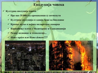 Еволуција човека
 Културна еволуција човека
 Пре око 35.000 год кромањонци су потиснути
 Културна еволуција се одвија брже од биолошке
 Крчење шума и појава маларичног комарца
 Коришћење млека у Медитерану и Скандинавији
 Развој медицине и технологије...
 Homo sapien или Homo demens???
 